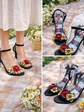 MIX No. 6 Aeradia Heels Size 9 Black Floral 3D Flower Ankle Strap Garden Sandals